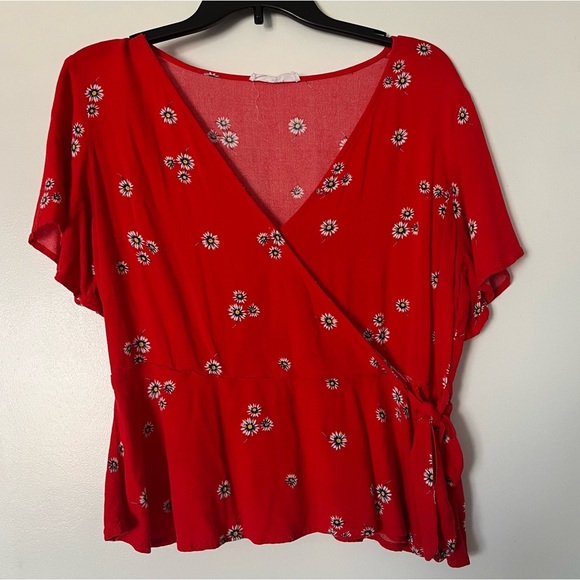 Red Floral Wrap-Tie Top - Picture 1 of 5